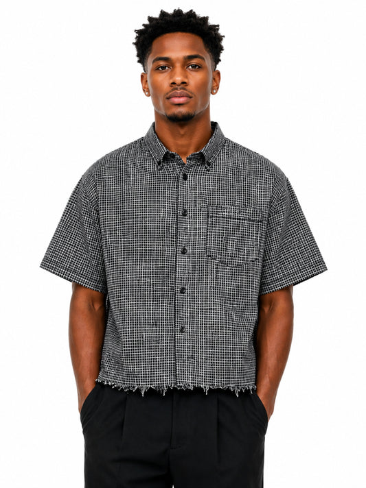 Unisex Distressed Plaid Boxy Shirt