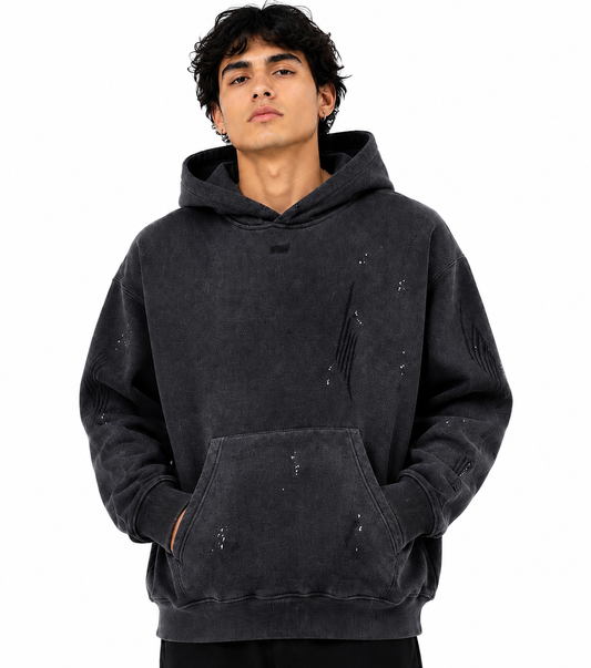 Vintage Washed Frayed Fleece Hoodie